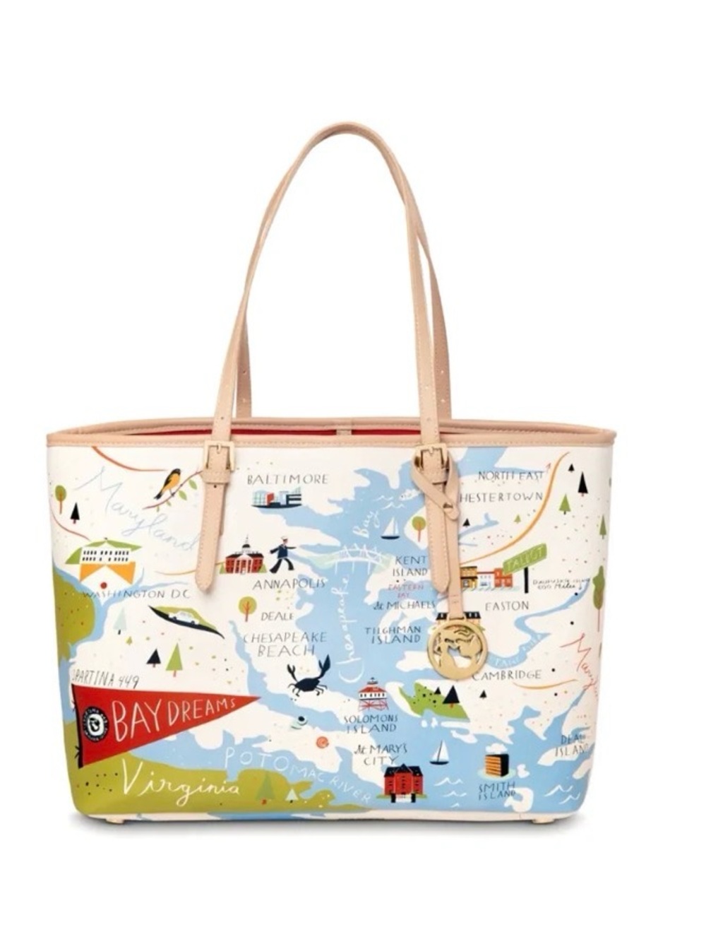 Spartina 449 Colorful Chesapeake Map Tote with Beige Trim